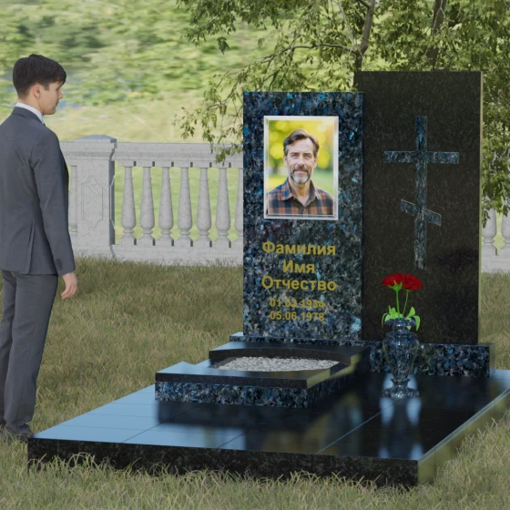 Православный комбинированный памятник с крестом в Салехарде, гранит Блю Перл, вид 4