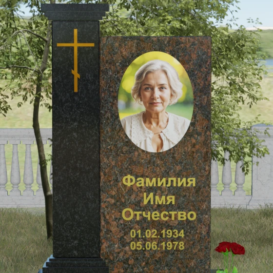 Гранитный православный вертикальный памятник с крестом в Калининграде, гранит Дымовский