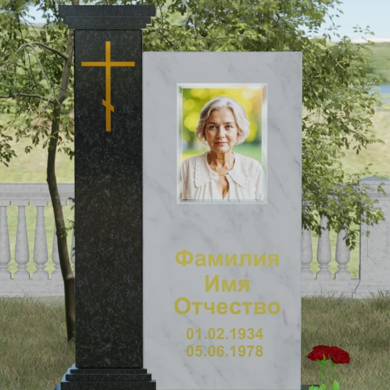 Гранитный православный вертикальный памятник с крестом в Калининграде, мрамор Тассос