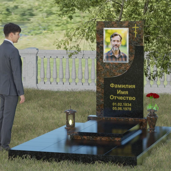 Вертикальный гранитный памятник с крестом в Челябинске, гранит Дымовский, вид 4