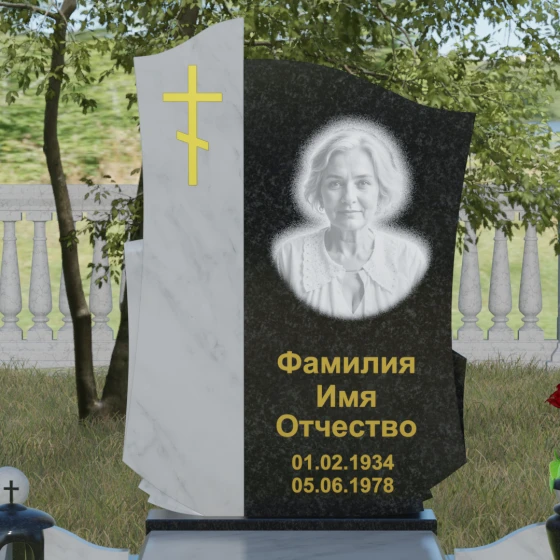 Комбинированный православный памятник с крестом в Салехарде, гранит Габбро-диабаз