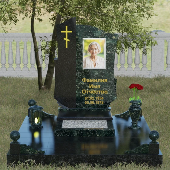 Комбинированный православный памятник с крестом в Салехарде, гранит Балтик грин, вид 2