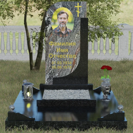 Гранитный памятник с крестом для одного в Новокузнецке, гранит амфиболит, вид 2