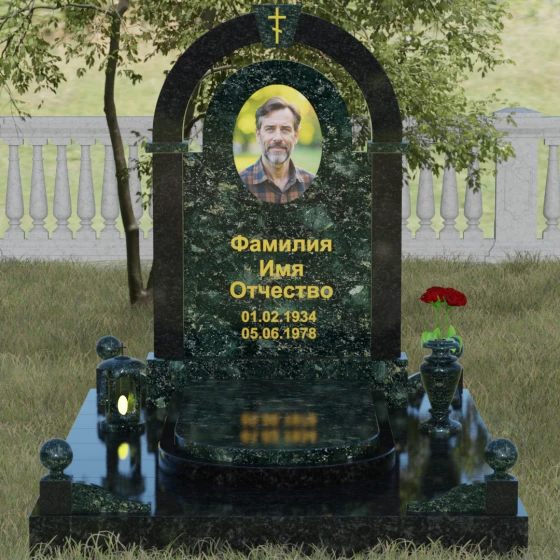 Памятник с аркой и православным крестом, гранит Балтик грин, вид 2