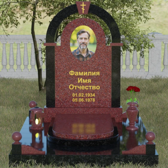 Памятник с аркой и православным крестом, гранит Лезниковский, вид 2