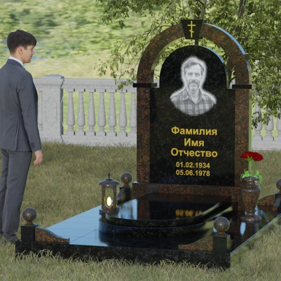 Памятник с аркой и православным крестом, гранит Габбро-диабаз, вид 4