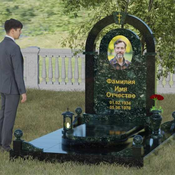 Памятник с аркой и православным крестом, гранит Балтик грин, вид 4