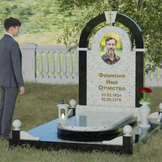 Памятник с аркой и православным крестом, гранит Мансуровский, вид 4