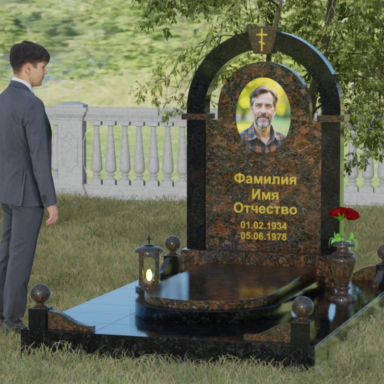 Памятник с аркой и православным крестом, гранит Дымовский, вид 4