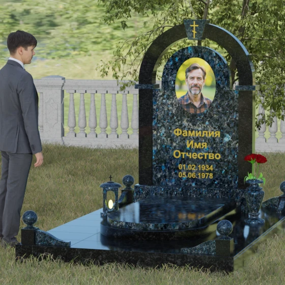Памятник с аркой и православным крестом, гранит Блю Перл, вид 4