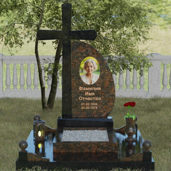 Гранитный монумент с крестом и полукругом, гранит Дымовский, вид 2, в Якутске