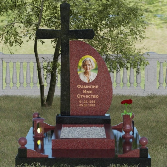 Гранитный монумент с крестом и полукругом, гранит Лезниковский, вид 2, в Якутске