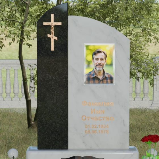 Памятник — волна с объемным крестом, мрамор Тассос, в Якутске