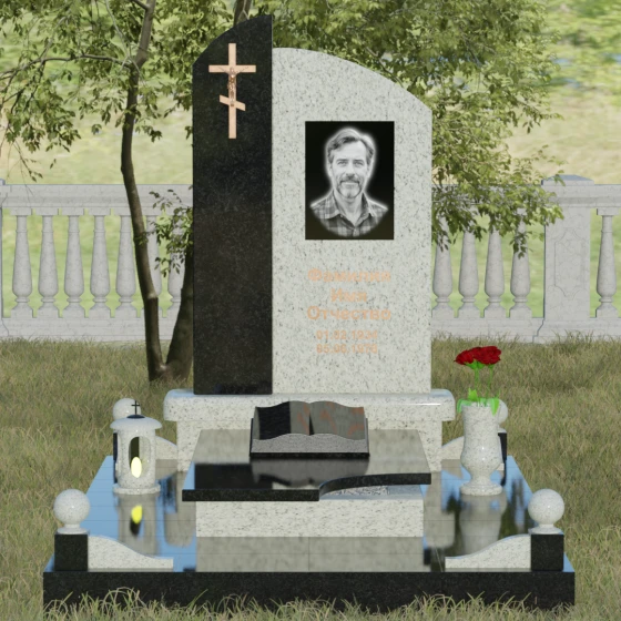 Памятник — волна с объемным крестом, гранит Мансуровский, вид 2, в Якутске
