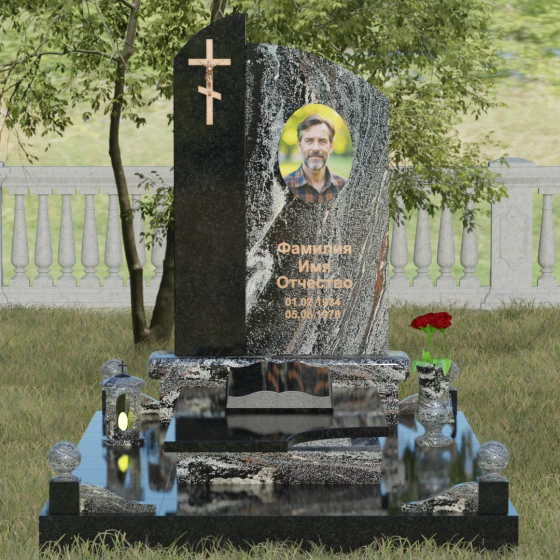 Памятник — волна с объемным крестом, гранит амфиболит, вид 2, в Якутске