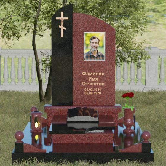 Памятник — волна с объемным крестом, гранит Лезниковский, вид 2, в Якутске