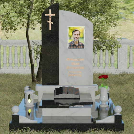 Памятник — волна с объемным крестом, мрамор Тассос, вид 2, в Якутске