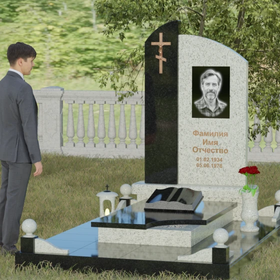 Памятник — волна с объемным крестом, гранит Мансуровский, вид 4, в Якутске