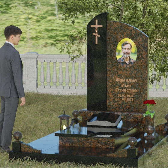 Памятник — волна с объемным крестом, гранит Дымовский, вид 4, в Якутске