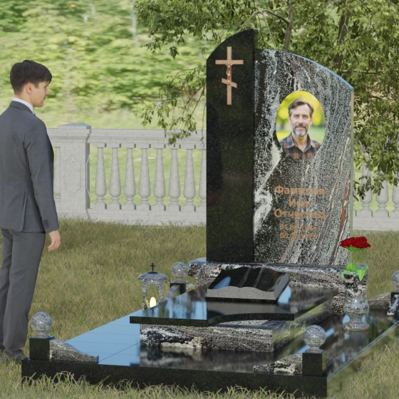 Памятник — волна с объемным крестом, гранит амфиболит, вид 4, в Якутске