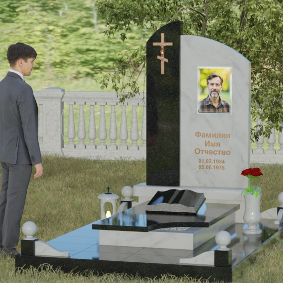 Памятник — волна с объемным крестом, мрамор Тассос, вид 4, в Якутске