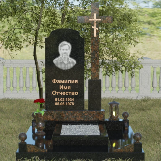 Гранитный вертикальный памятник с крестом во Владивостоке, гранит Габбро-диабаз, вид 2
