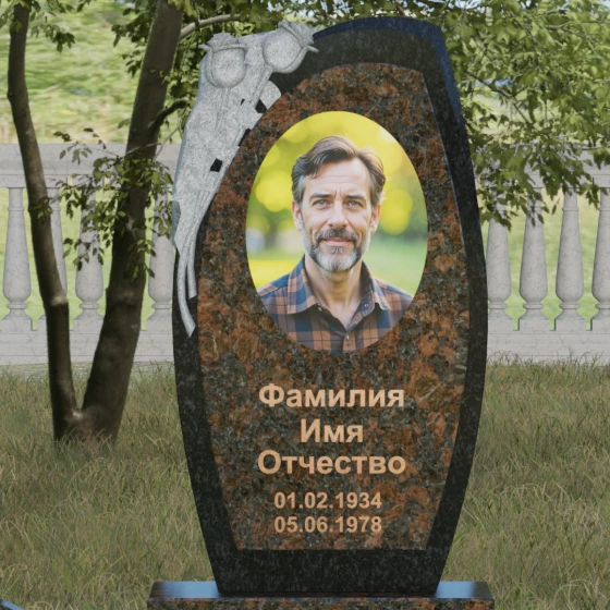Вертикальный комбинированный памятник без креста в Мурманске, гранит Дымовский