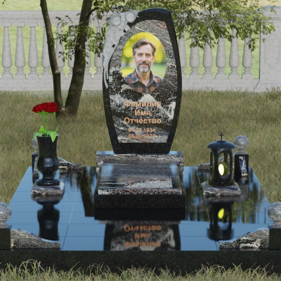 Вертикальный комбинированный памятник без креста в Мурманске, гранит амфиболит, вид 2