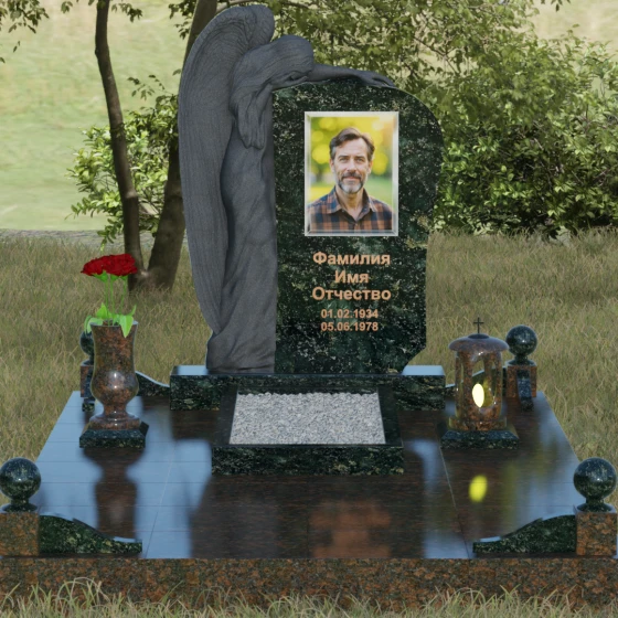 Элитный гранитный монумент со скорбящим ангелом, гранит Балтик грин, вид 2, в Якутске