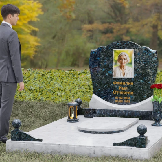 Светский вертикальный комбинированный памятник для одного в Новокузнецке, гранит Блю Перл, вид 4