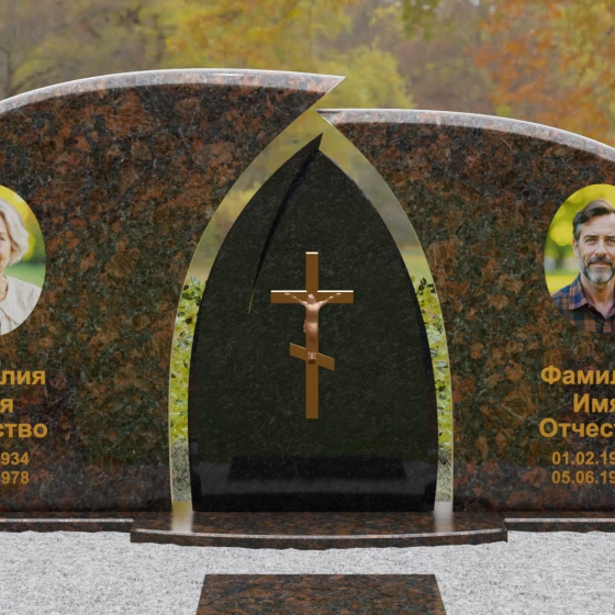 Комбинированный горизонтальный памятник с крестом в Салехарде, гранит Дымовский