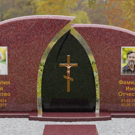 Комбинированный горизонтальный памятник с крестом в Салехарде, гранит Лезниковский