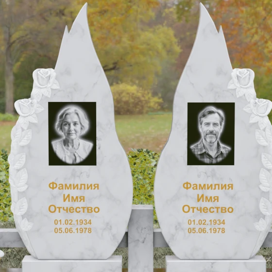 Вертикальный гранитный памятник на двоих в Кемерово, мрамор Тассос