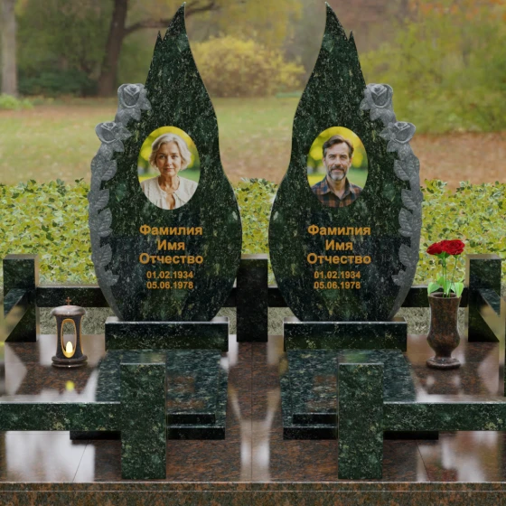 Вертикальный гранитный памятник на двоих в Кемерово, гранит Балтик грин, вид 2