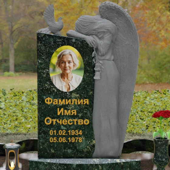 Элитный памятник с ангелом и голубем, гранит Балтик грин