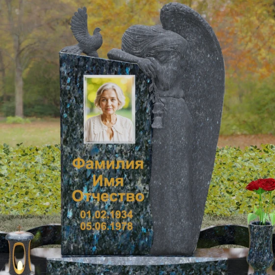 Элитный памятник с ангелом и голубем, гранит Блю Перл