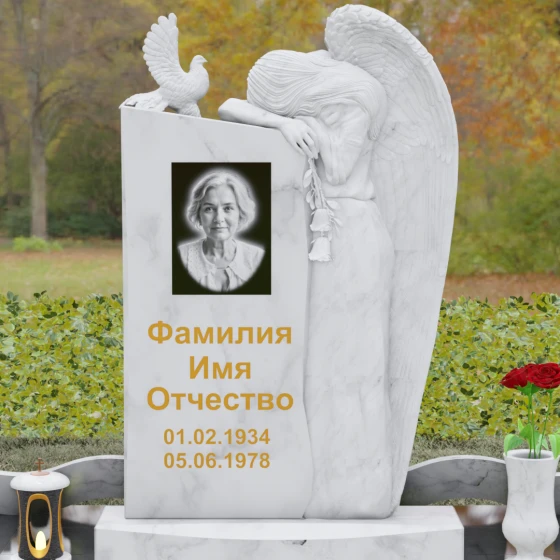 Элитный памятник с ангелом и голубем, мрамор Тассос