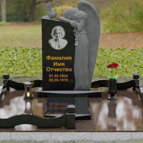 Элитный памятник с ангелом и голубем, гранит Габбро-диабаз, вид 2
