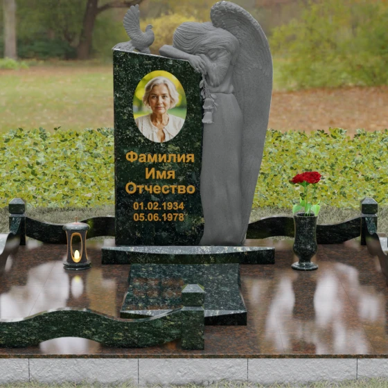 Элитный памятник с ангелом и голубем, гранит Балтик грин, вид 2