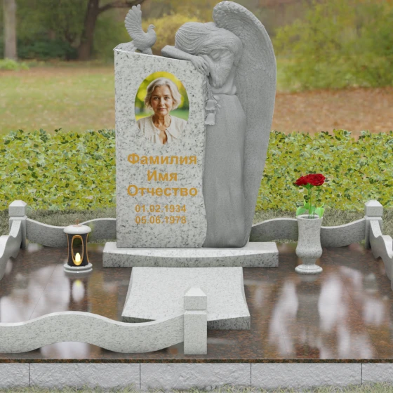 Элитный памятник с ангелом и голубем, гранит Мансуровский, вид 2