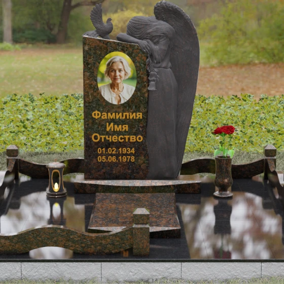 Элитный памятник с ангелом и голубем, гранит Дымовский, вид 2