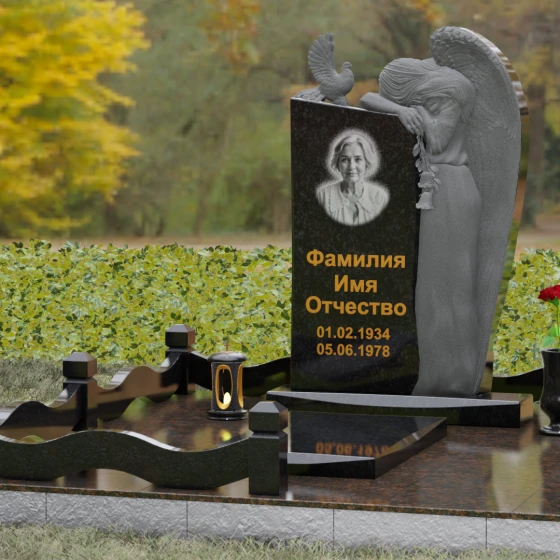 Элитный памятник с ангелом и голубем, гранит Габбро-диабаз, вид 4