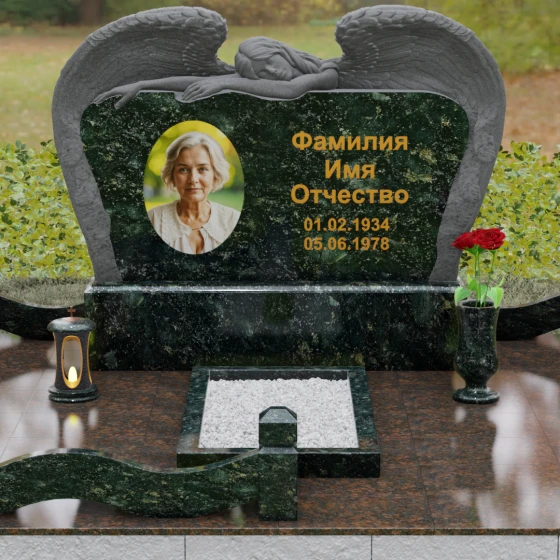 Горизонтальный памятник с фигурой ангела, гранит Балтик грин, вид 2