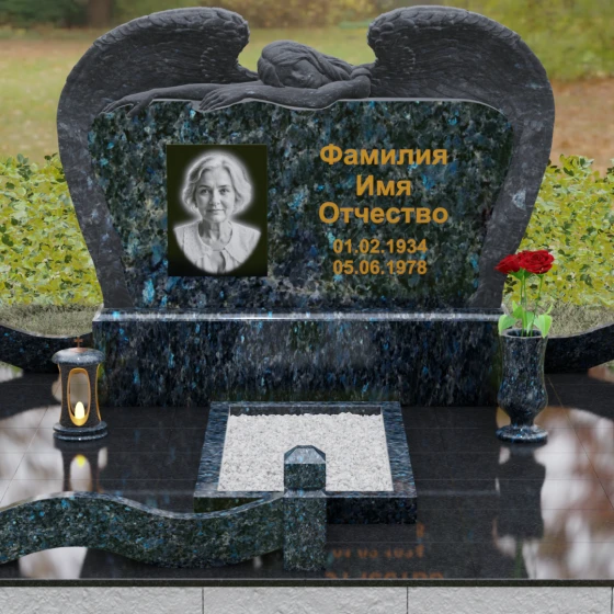 Горизонтальный памятник с фигурой ангела, гранит Блю Перл, вид 2