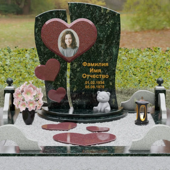 Комбинированный вертикальный памятник для одного в Ставрополе, гранит Балтик грин, вид 2