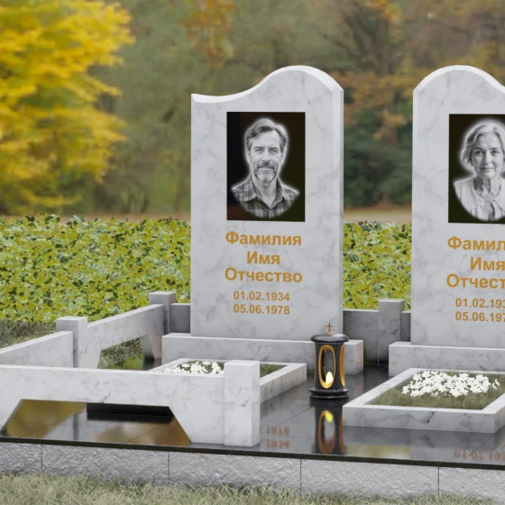 Памятник гранитный двойной с волнообразным верхом, мрамор Тассос, вид 4