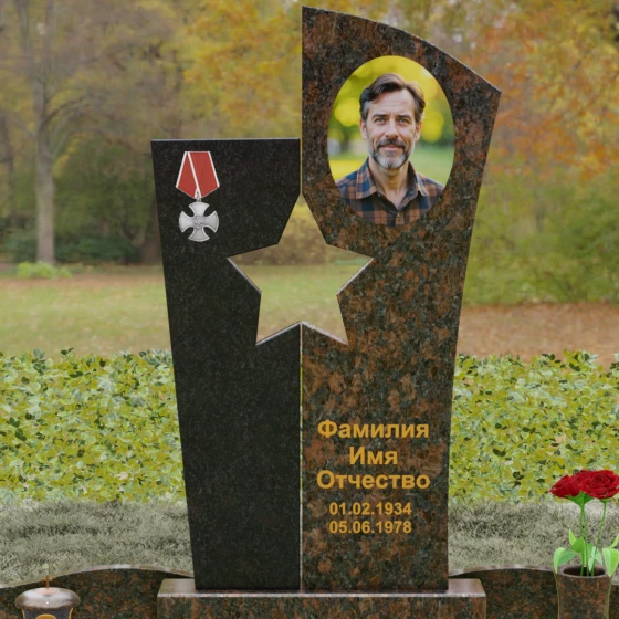 Вертикальный комбинированный памятник для одного в Ставрополе, гранит Дымовский