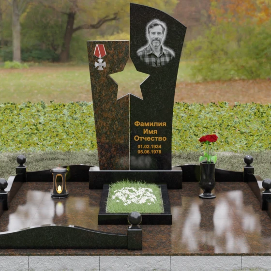 Вертикальный комбинированный памятник для одного в Ставрополе, гранит Габбро-диабаз, вид 2