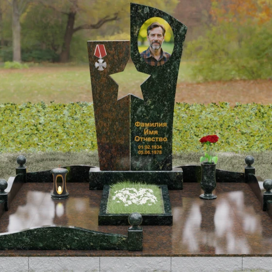 Вертикальный комбинированный памятник для одного в Ставрополе, гранит Балтик грин, вид 2