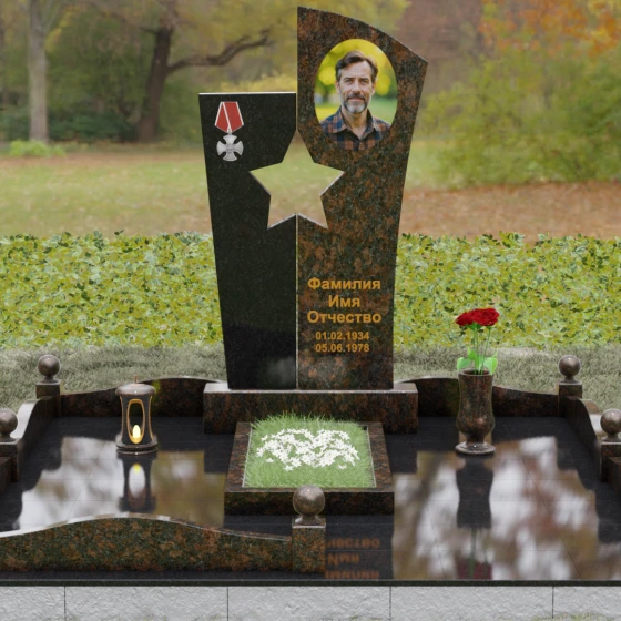 Вертикальный комбинированный памятник для одного в Ставрополе, гранит Дымовский, вид 2